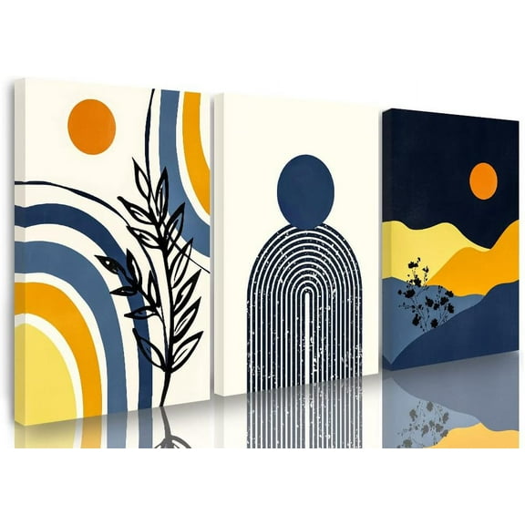 Boho Sun Moon Wall Art Prints Boho Wall Decor Mid Century Modern Wall Art Set of 3 Black Yellow Blue Mountain Art Minimalist Geometric Artwork for Living Room Bathroom Bedroom Decor 12"x16"