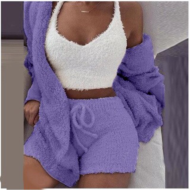 Trajes esponjosos sexys de tres piezas, cárdigan con capucha de terciopelo de felpa, abrigo, pantalones cortos y Top corto, conjuntos de chándal para mujer, sudaderas deportivas informales Tan Jianjun unisex