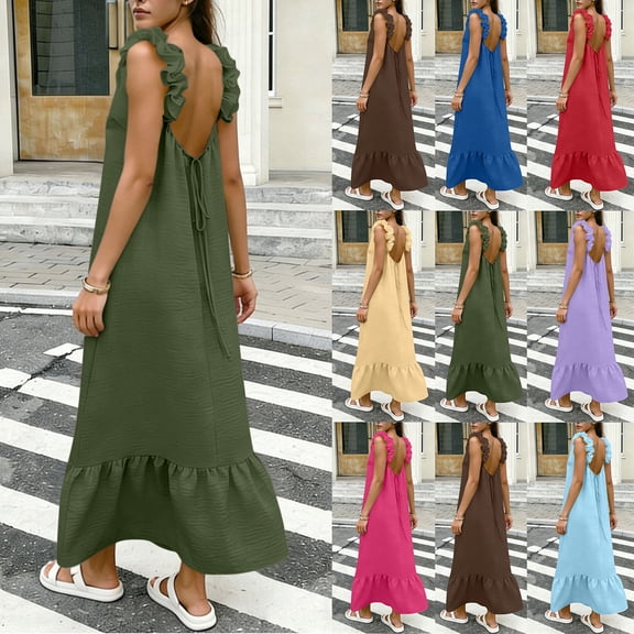 TAGOLD Womens Sleeveless Round-Neck Dress Solid Color Backless Strap Light Fabric Summer