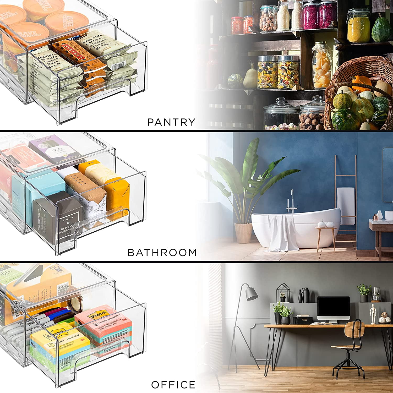 Sorbus Clear Stackable Fridge Drawer Bins - Pull Out Refrigerator Organizer Containers for Kitchen Storage (4 Pack | Medium)