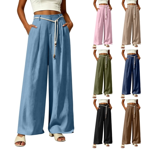 VBVC Women's High Waisted Wide Leg Pants , Pleated Palazzo Pants For Women , Ladies' Casual Flowy Dress Trousers with Pockets and a Belt,White,S-2XL