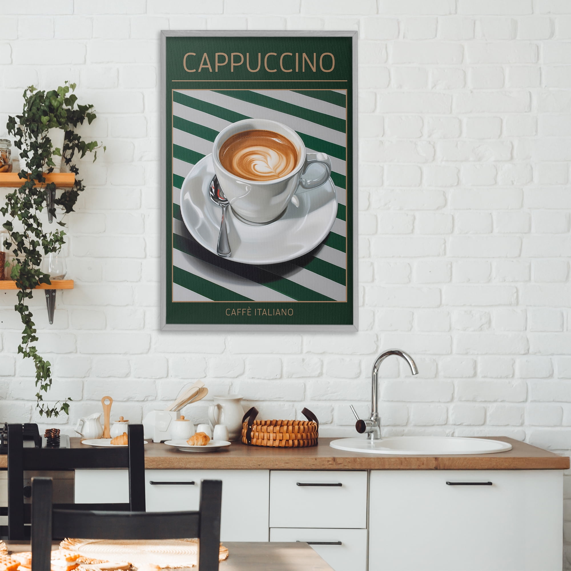 Stupell Industries Cappuccino Coffee over Stripes Gray Framed Giclee Art, design by Andreas Magnusson