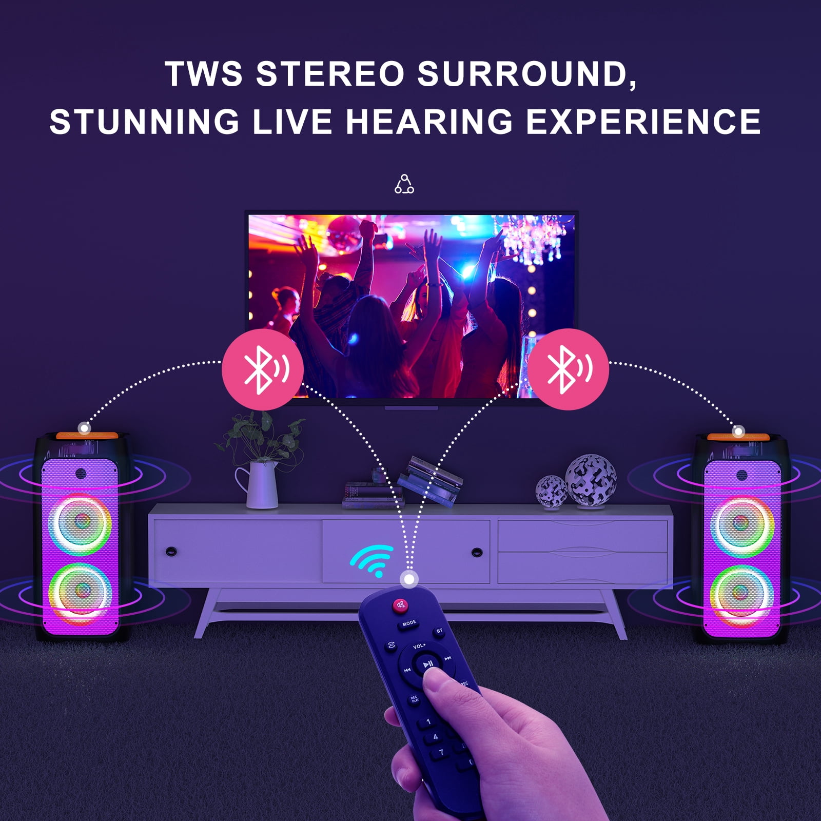 FanFun Large Bluetooth Speaker, 23.82" Big Party Speaker with Wheels, Trolley Bar, DJ Light, 500W Peak Power, Deep Bass Portable Outdoor Speaker System with Karaoke Microphone, Usb, Aux in