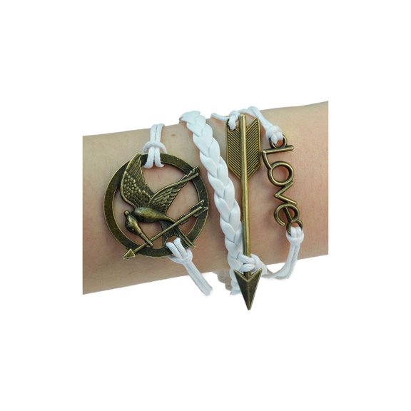 PURPLE WHALE  Mockingjay Bird, Arrow, Love, Bronze Bracelet, Braided Rope, Leather, Fashion Wrist Ornament, 7 - 8 Inches Long