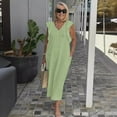 thumbnail image 4 of JUNWELL Tempérament Lin Femme Robe 2024 Été Nouvelle Couleur Unie V-Cou Backband Manches Volantes Coton Lin Robe Longue, 4 of 7