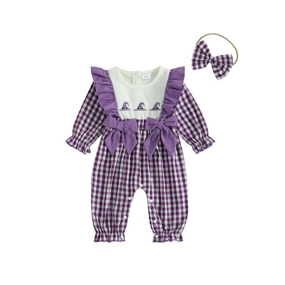Jxzom Halloween Baby Girl Outfit 0 3 6 12 18 Months Infant Long Sleeve Ruffle Bow Plaid Embroidery Witch Hat Jumpsuit Romper Cute Fall Clothes