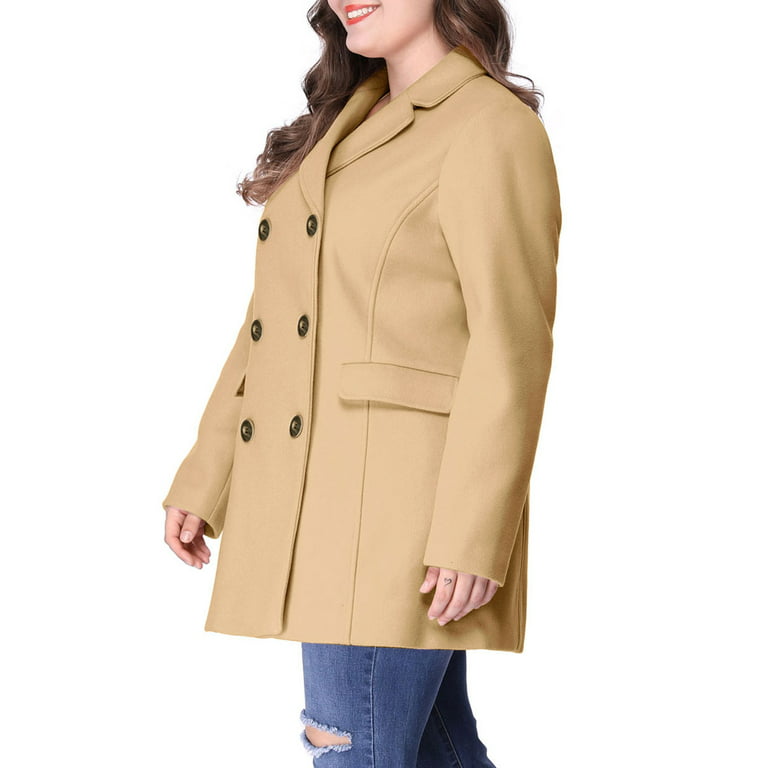 Unique Bargains Women's Plus Size Notched Lapel Double Breasted Winter Coat  