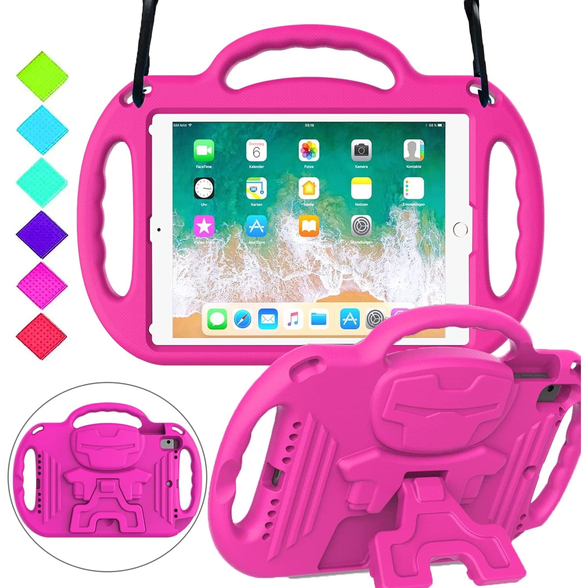 BMOUO Kids Case for iPad 9.7 inch 2018/2017 (6th/5th Generation), iPad Air 2 / Air 1 / Pro 9.7 Protective Case with Shoulder Strap Handle Stand for iPad 6th/5th Gen iPad Air 2 / Air 1 / Pro 9.7, Rose