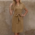 thumbnail image 5 of Womens Midi Dress Adjustable Belt Spring & Summer Short Sleeve Flowy Plain V-Neck Beach Vacation Holiday Dress Coffee S-2XL, 5 of 9