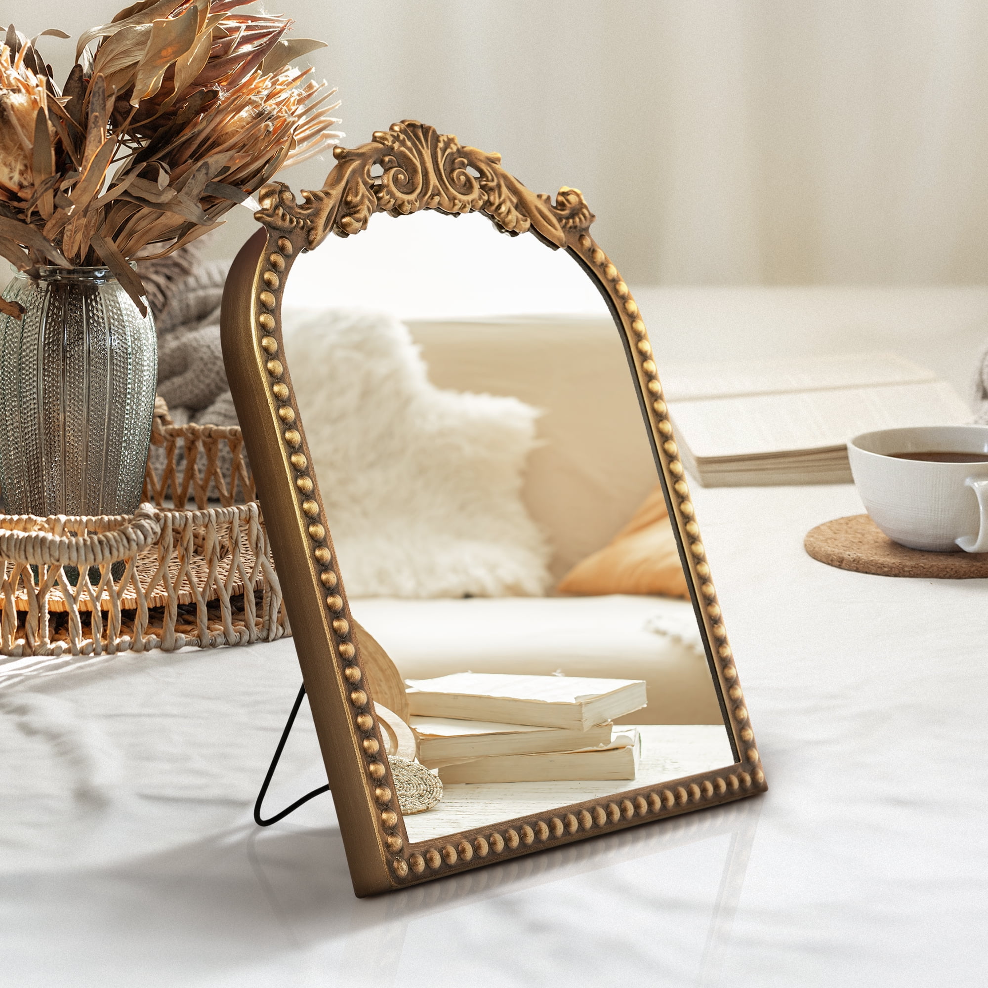 9.75" x 12" Gold Filigree Arch Tabletop Mirror with Adjustable Stand