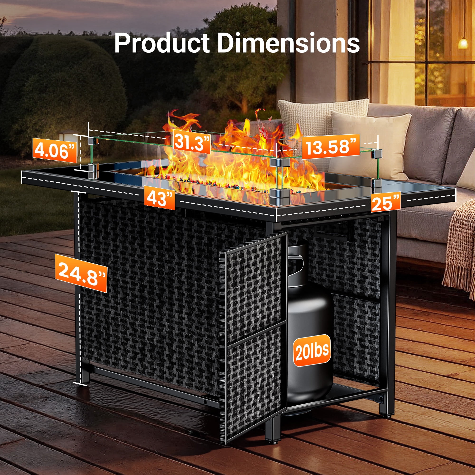 Philergo 43" Propane Fire Pit Table with Tempered Glass Tabletop, 60,000 BTU Rectangular Gas Fire Pit with Blue Glass Rocks, Wind Guard and Lid for Outdoor, Patio, CSA-Listed, Adjustable Feet Pad