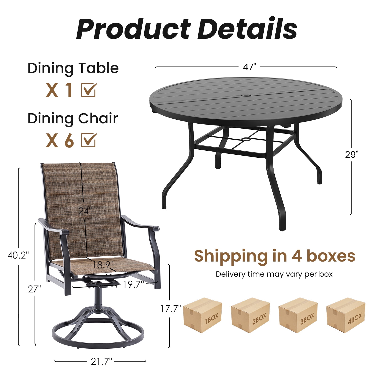 STARY 7 Pieces Outdoor Dining Set with 1.57" Umbrella Hole, Patio Swivel Dining Textilene Chairs and 47.2" Iron Round Table for 6 People, Poolside