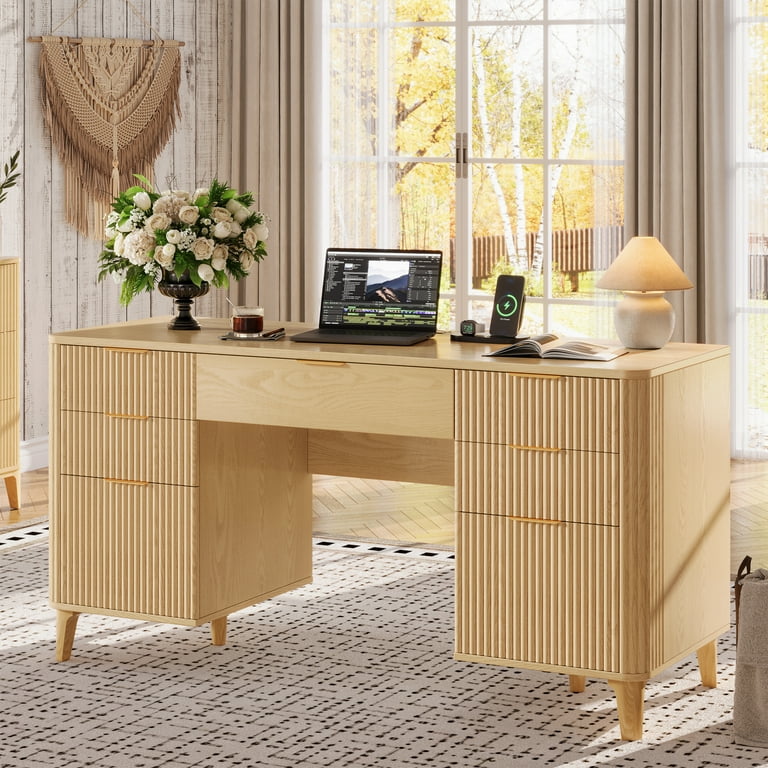 TOKSOM 55.1" Office Desk with 7 Drawers & Built-in Charging Station Nature Wood Color Study Desk with Gold Handles, File Drawers, Metal Slides