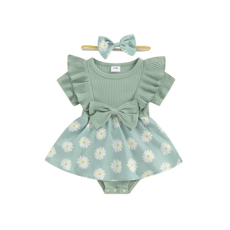 

ESASSALY Infant Girl Romper Dress Daisy Print Short Sleeve Jumpsuit Headband