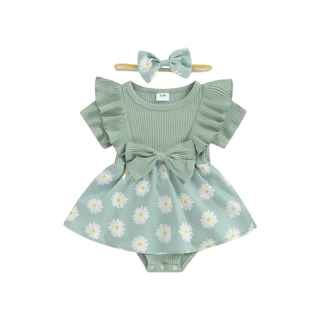EYIIYE Robe Barboteuse pour Bébé Fille 3M 6M 9M 12M 18M Nouveau-Né Manches Courtes Combinaison Imprimé Marguerite Col Rond Body avec Bandeau Nœud Vêtements d'Été Mignons Décontractés