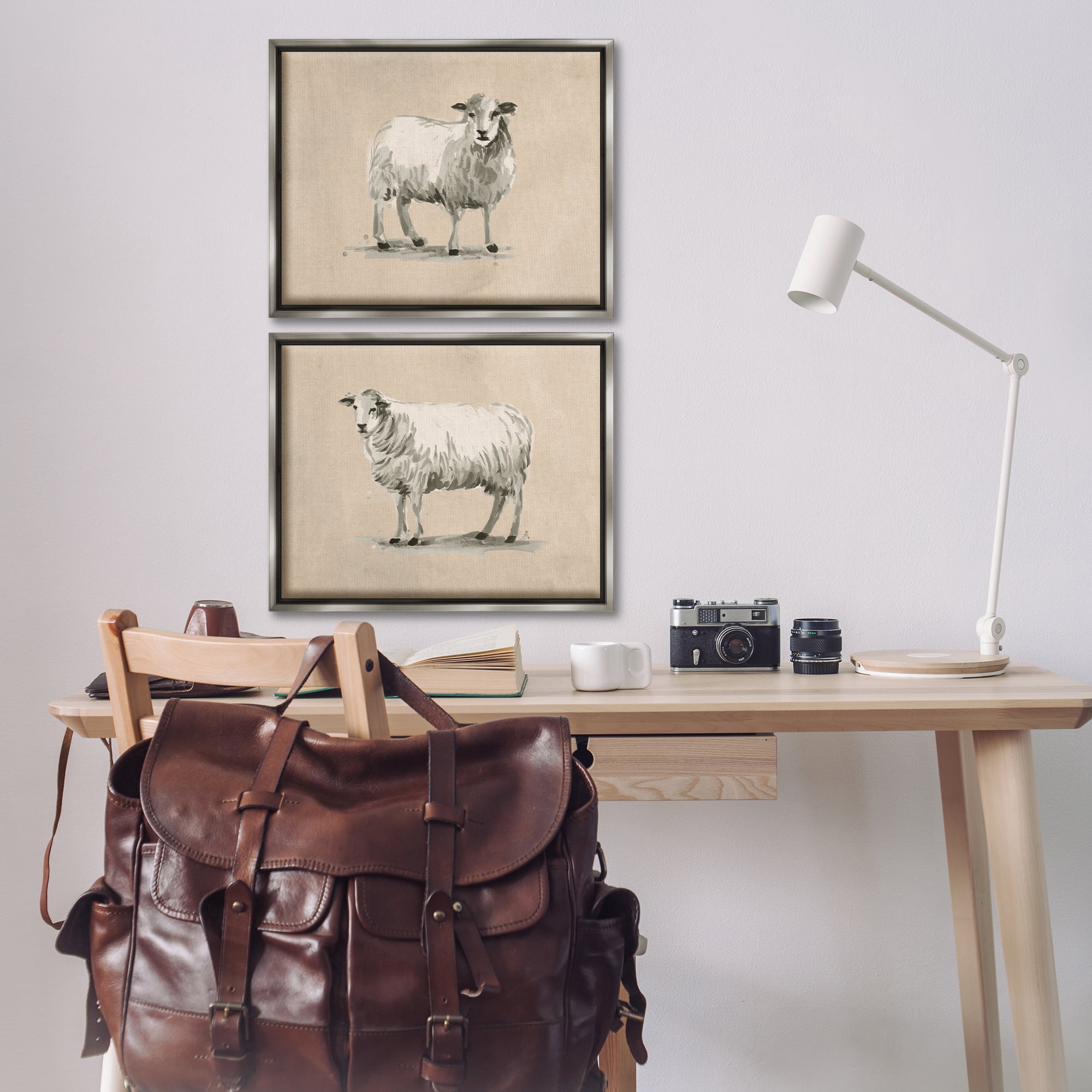 Stupell Industries Beige Sheep Portrait Animals Painting Gray Floater Framed Canvas Art Print Wall Art, 21 x 17, Set of 2
