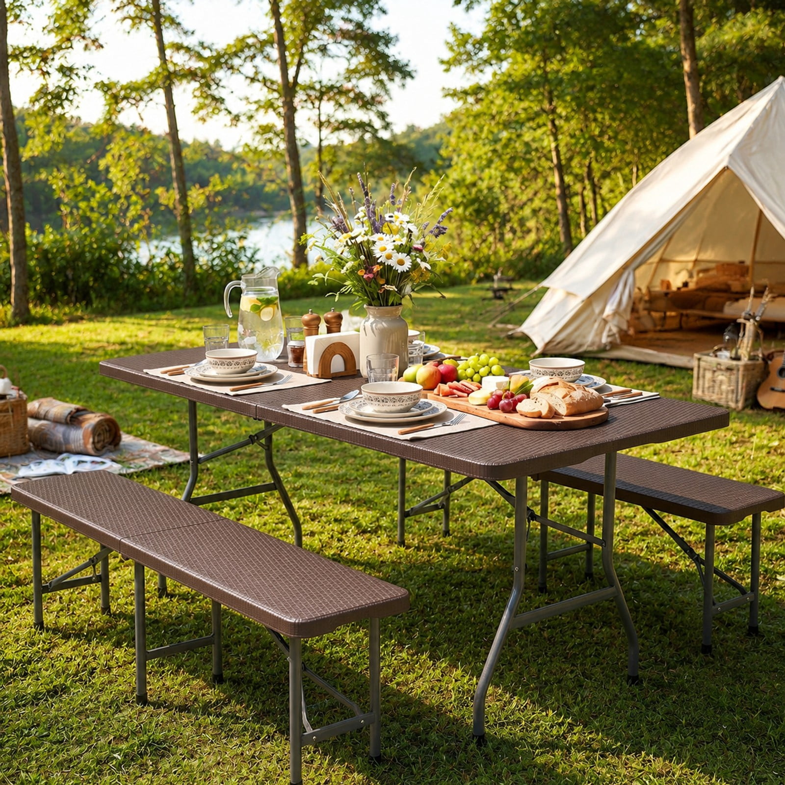 Furnibear 6 FT Plastic Fold in Half Camping Table Portable Folding Table with Carry Handle for Party Event Indoor Dining, Brown