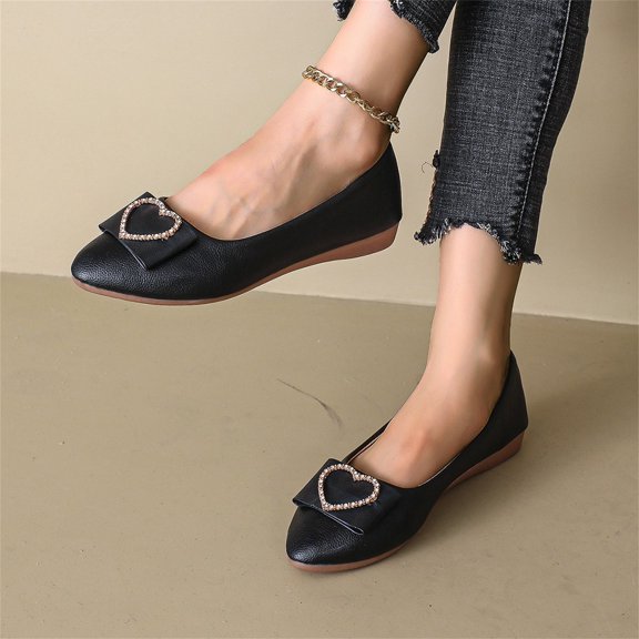pwidon Women's Ballet Flats Slip On Flat Rhinestone Heart Bow Comfort Office Walking Casual Dress Shoes Black 5