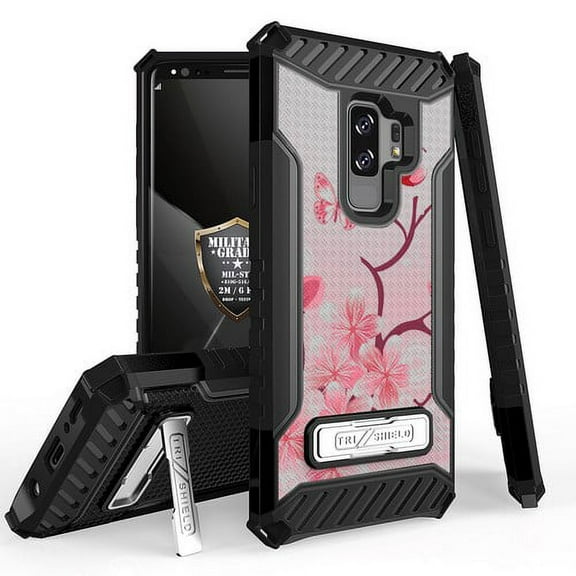 Galaxy S9 Plus / Galaxy S9  Case, Trishield Durable Shockproof High Impact Rugged Armor Phone Cover with Kickstand for Samsung S9  Only White/Printed Cherry Blossom