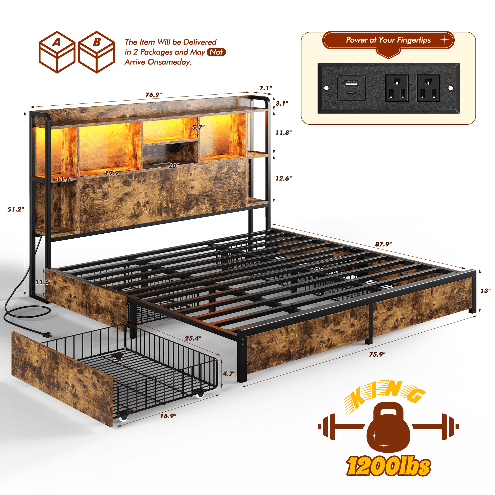 EnHomee Metal Bed Frame with 4 Storage Drawers King Size Bed Frame with Storage Headboard & 3-Tier Shelf & Charge Station, Rustic Brown