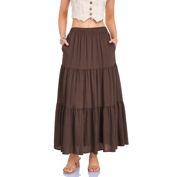 Busydd Maxi Skirts for Women Casual Tiered Solid Color Linen Skirt Comfy Elastic Waist Summer Skirts with Pockets M