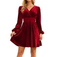 thumbnail image 2 of YMNXA Womens Velvet Dress Long Sleeve V Neck Solid Color Flowy A Line Elegant Soft Comfortable Dresses For Party Red Xl, 2 of 5
