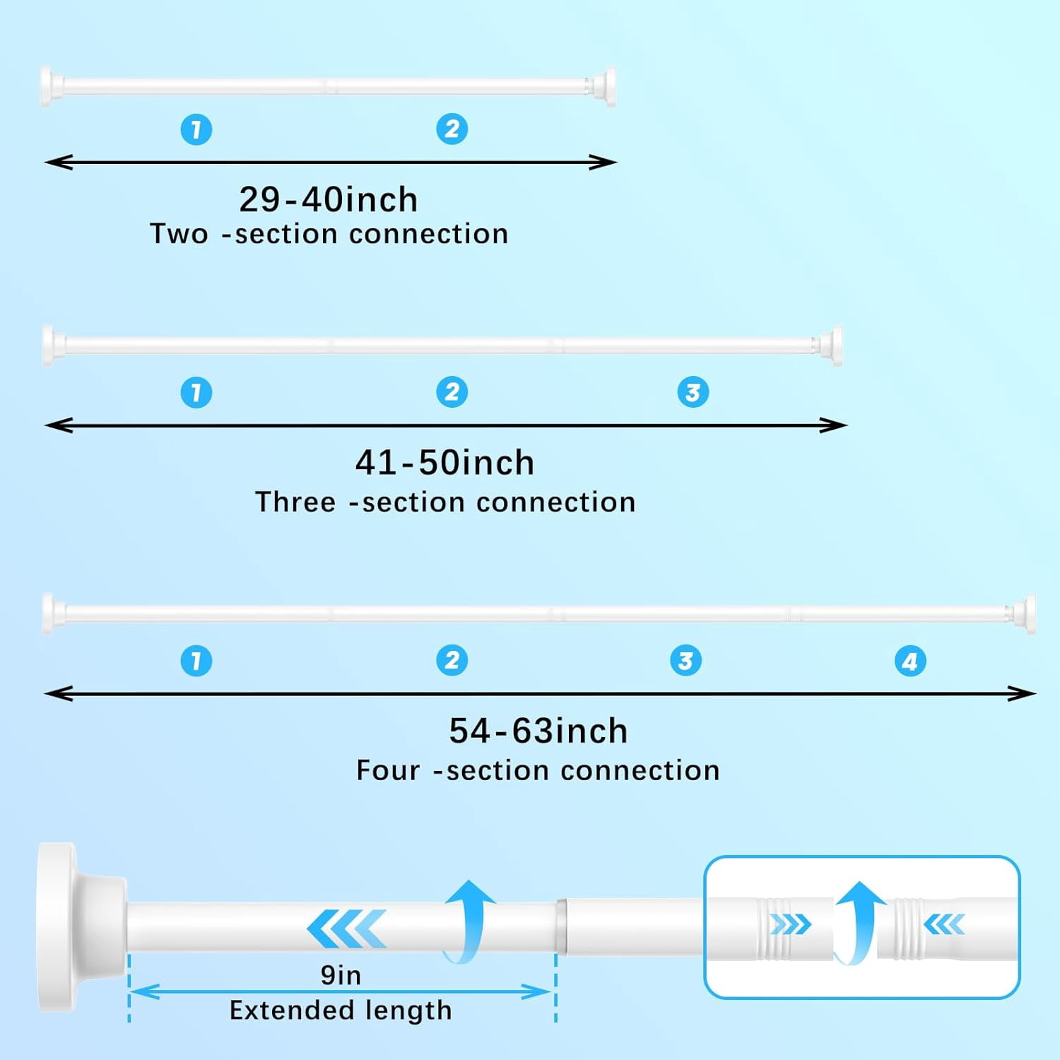Tension Shower Rod 29-63 Inch, 1 Inch Diameter White Tension Curtain Rod Adjustable Curtain Rod Non-Drilling, Anti-Slip Tension Rod, Anti-Rust Shower Curtain Rod