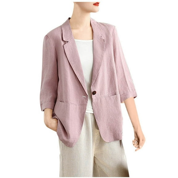 XUNKUSGA Cutton Linen Blazer Women Casual 3/4 Sleeve Work Jacket Lightweight Business Casual Jackets Tops Notch Lapel One Button Suit Coat Jackets