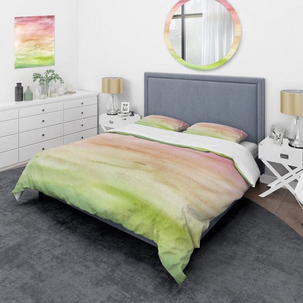 Designart 'Puesta de Sol Abstracta con Rosa, Beige y Verde' Moderno Juego de Funda Nórdica