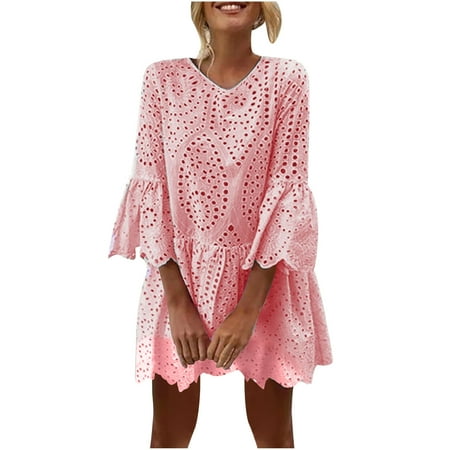 Ersazi Casual Dresses for Women in Clearance Women s Long Sleeve Embroidered Hollow V-Neck Flare Sleeve Lace Dress Pink S