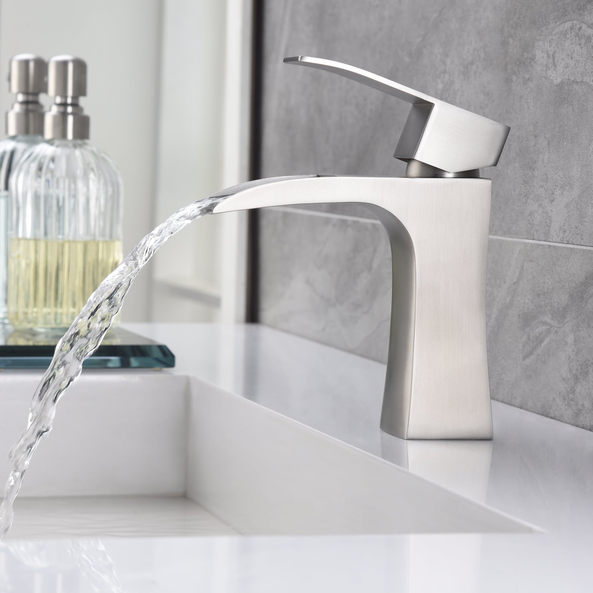 SUMERAIN Bathroom Faucet Brushed Nickel Single Hole Waterfall Bathroom Sink Faucet Stainless Steel Vanity Faucet