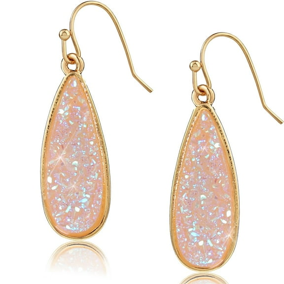 Humble Chic Light Pink Druzy Earrings for Women Dangling - Simulated Rose Quartz Teardrops
