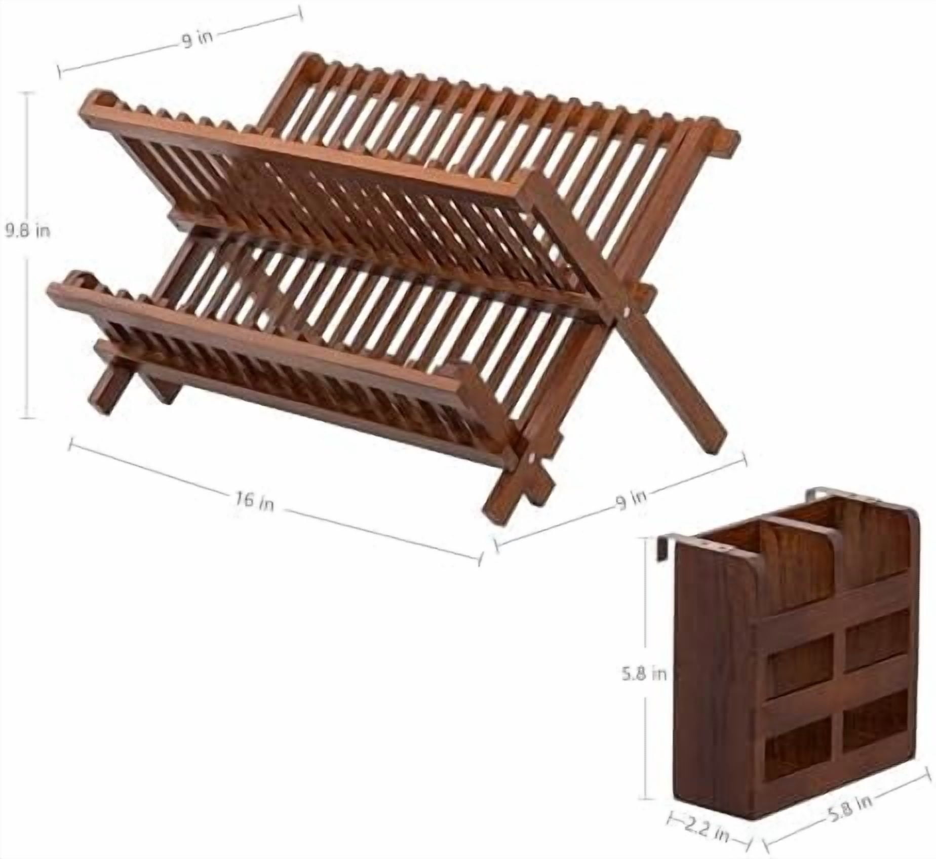 Dish Rack,Teak Folding 2-Tier Collapsible Drainer Dish Drying Rack with Utensils Flatware Holder Set