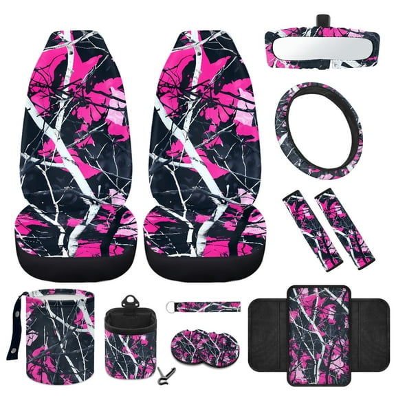 Yuyamidu 12 PCS Camo Hunting Car Seat Cover Front Seat Cover Pink Wood Steering Wheel Cover Seat Belt Pads Armrest Cover Garbage Bag Air Vent Bag Rearview Mirror Cover Coasters Keychain Wristlet