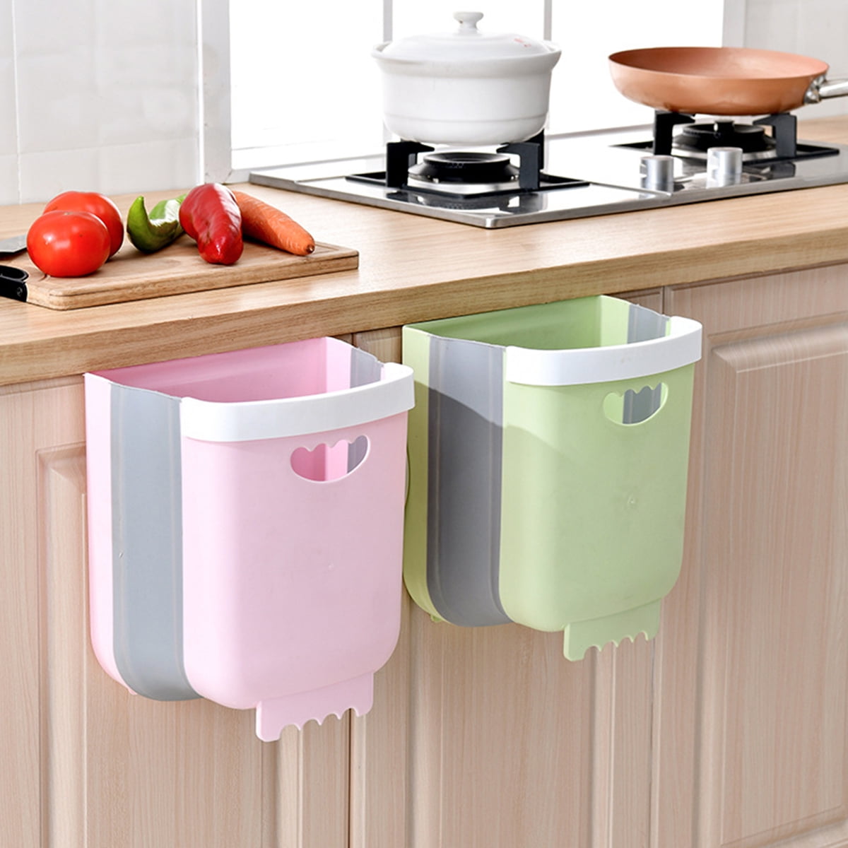 HYISHION Folding Trash Can|Food Waste Bin Hanging for Kitchen Cabinet Door with Lid|Upgrade Wall Mounted Folding Garbage Can for Kitchen Bedroom Dorm Room 