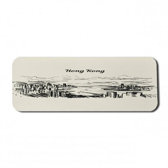Travel Computer Mouse Pad, Hong Kong Typography and Skyline Drawn by Hand in Monochrome Style, Rectangle Non-Slip Rubber Mousepad Large, 31" x 12" Gaming Size, Eggshell and Dark Taupe, by Ambesonne
