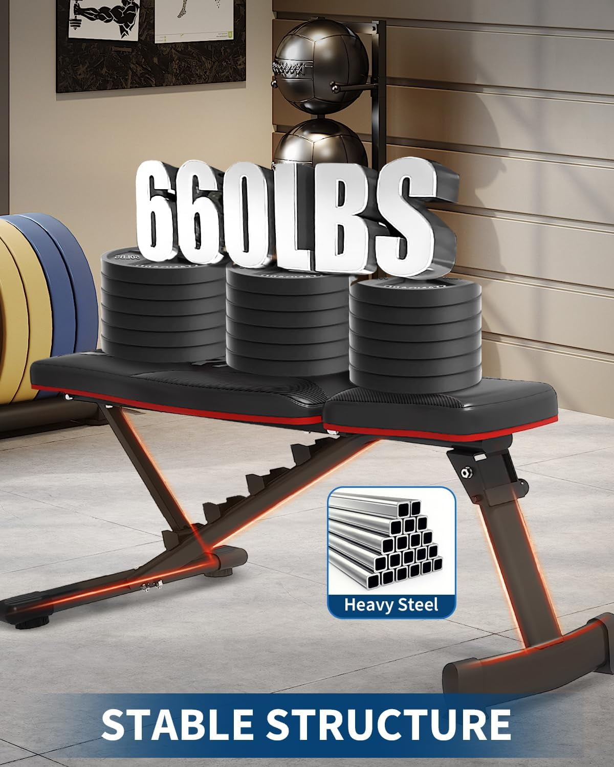 ChaoLink Adjustable Weight Bench with 660 Lb Capacity – 3-Second Fold & 80% Space-Saving, 5-Position Incline/Decline/Flat Workout Bench for Home Gym