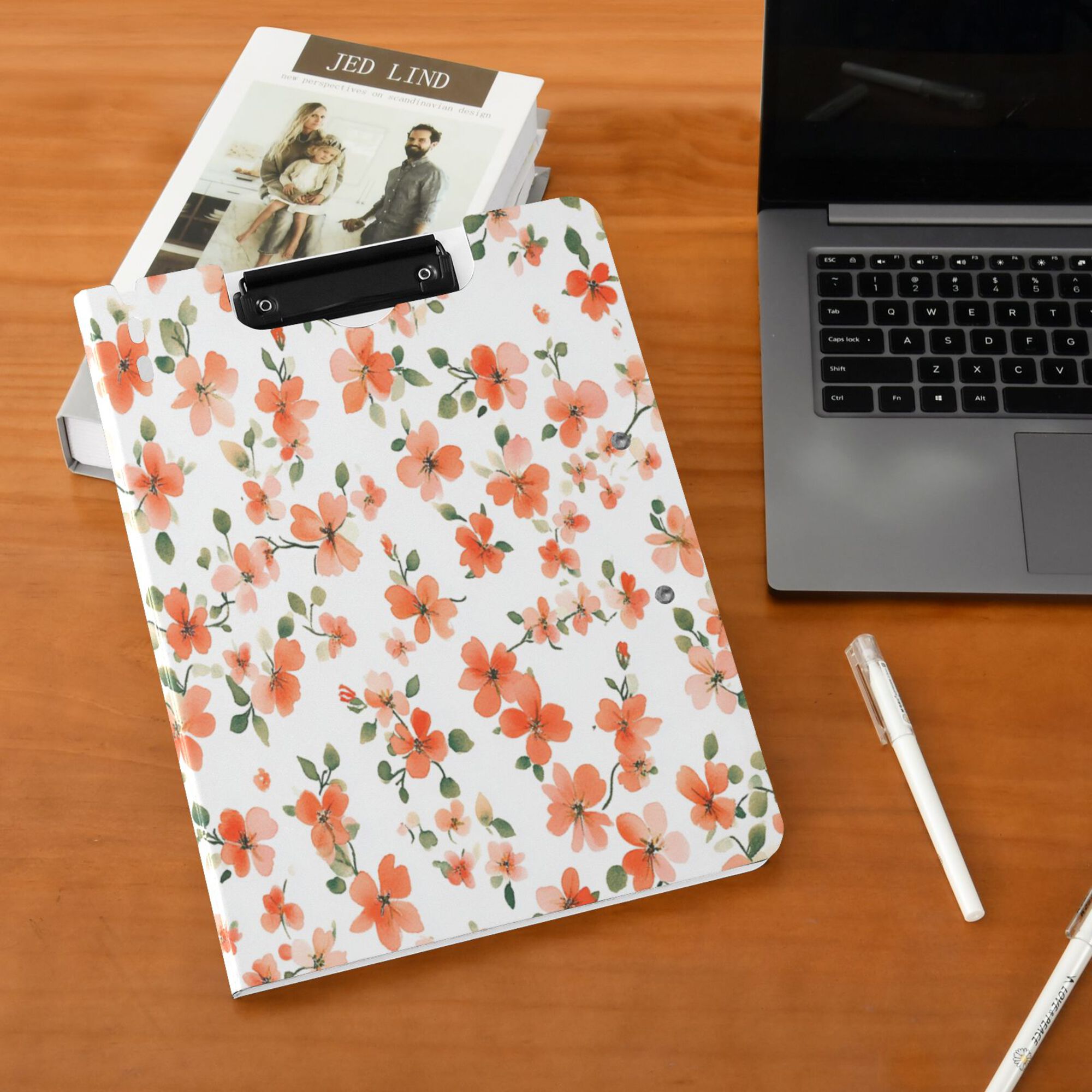 FORMRS A4 Clipboard Folder with Pen Holder Horizontal Foldable School Office Binder, Small Floral Blooms