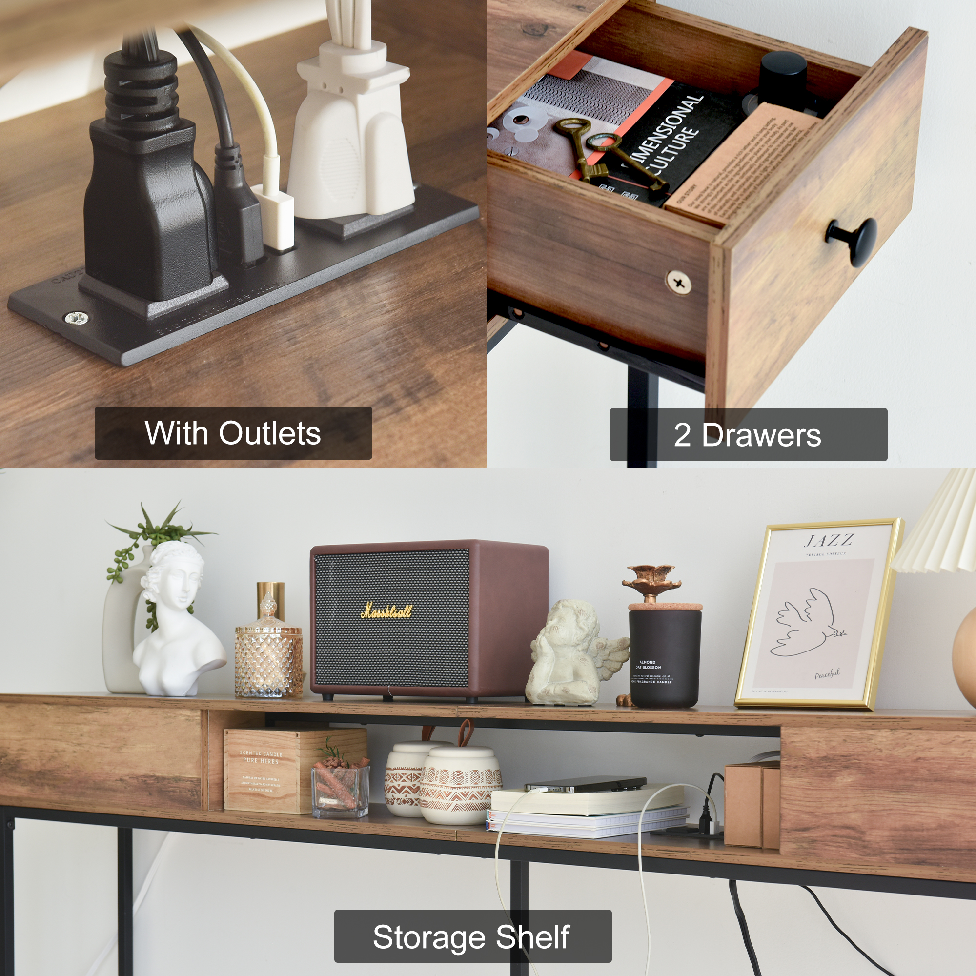 63" Console Table with Drawers and Outlets, Black