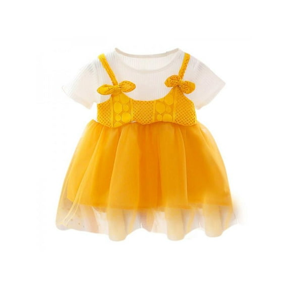Fashion Summer Baby Girl Princess Dress Fake 2 Piece Toddler Mesh Design Short Sleeve Cotton Sundress