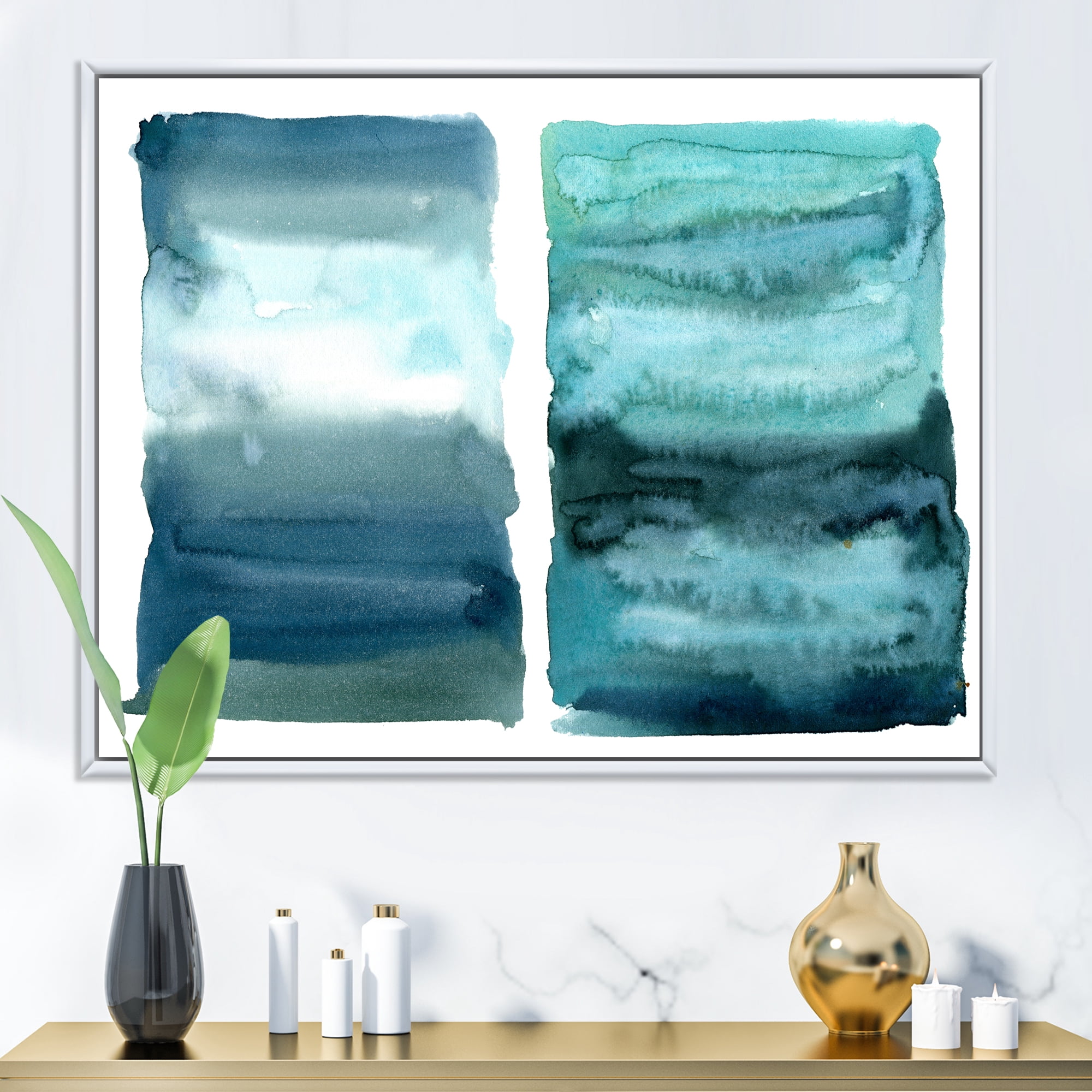 Designart 'Abstract Blue Ocean Aquatic Impression II' Modern Framed Canvas Wall Art Print
