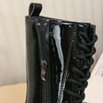thumbnail image 4 of Girl's Mid Calf Boot, Lace Up Riding Bootie, Goth Combat Boot with Pearl on Ties (Black 9-10Years), 4 of 8