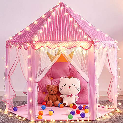 Mooner Girls Play Pink Tent Toys 55x53” Princess Large Playhouse with 40 Star Lights for Children Indoor and Outdoor Games