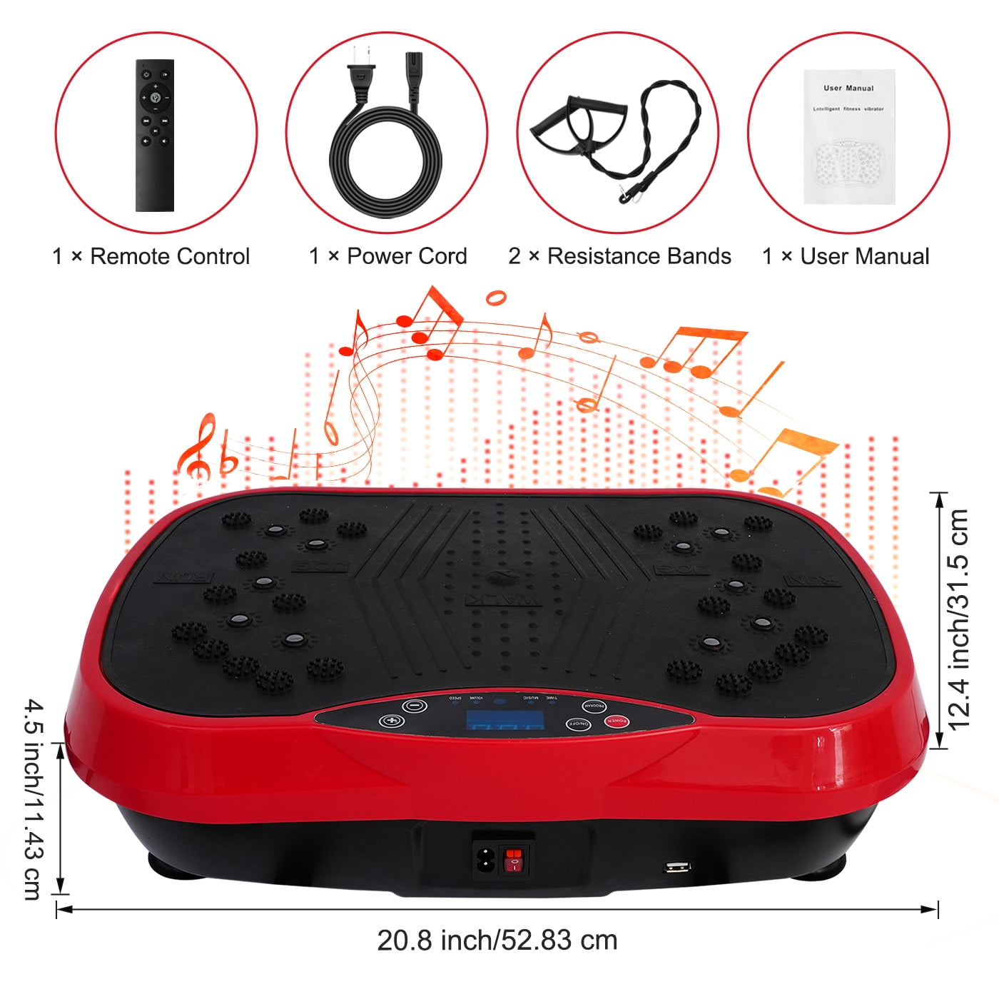 RICAN Vibration Plate Exercise Machine, Vibrating Board, Full Body Workout Platform with Loop Bands & Remote Control for Weight Loss Fat Burner, Red