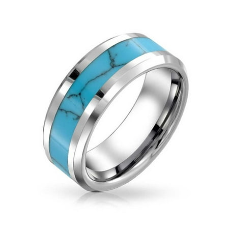 Turquoise Inlay Band - Simulated Blue Turquoise Inlay Couples Wedding Band Tungsten Rings For Men For Women Silver Tone 8MM
