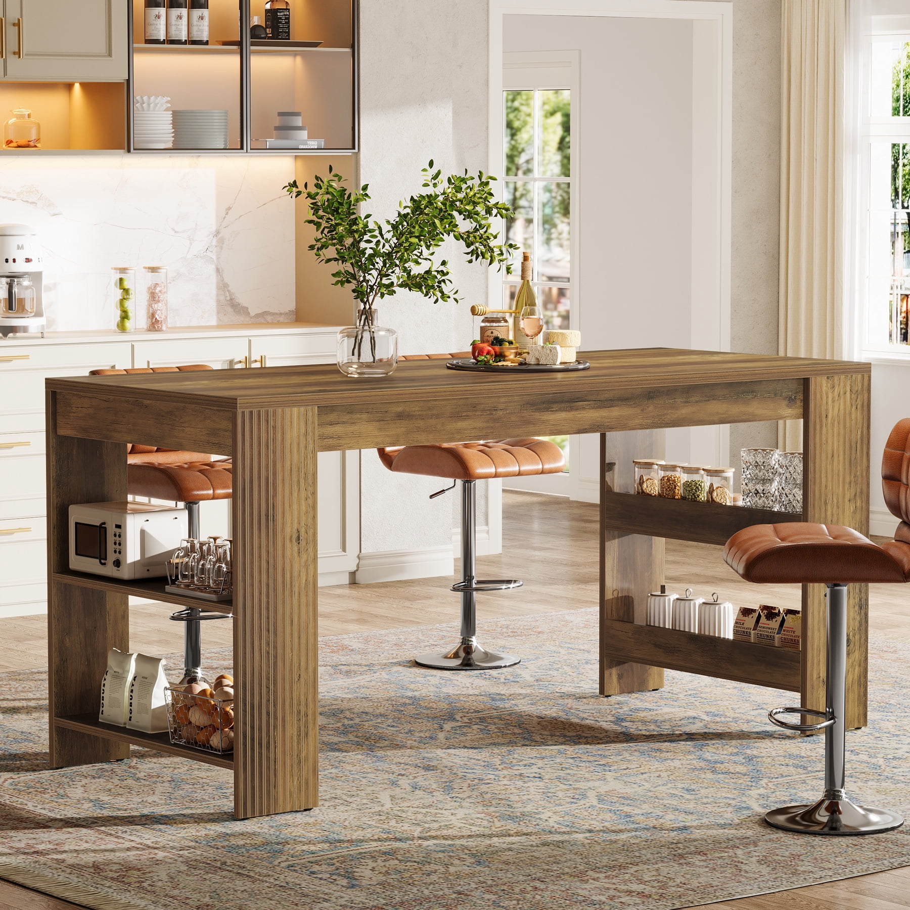Finmind 63-inch Kitchen Island with Storage, Large Stationary Island Table for Kitchen, Farmhouse Home Bar Unit for Kitchen, Rustic Brown