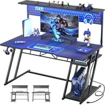 iSunirm Gaming Desk, 55'' Gaming Desk with Hutch and LED Lights, Computer Desk with Storage Shelves, Reversible PC Gaming Desk with Pegboard, Ergonomic Desk, Carbon Fiber Black