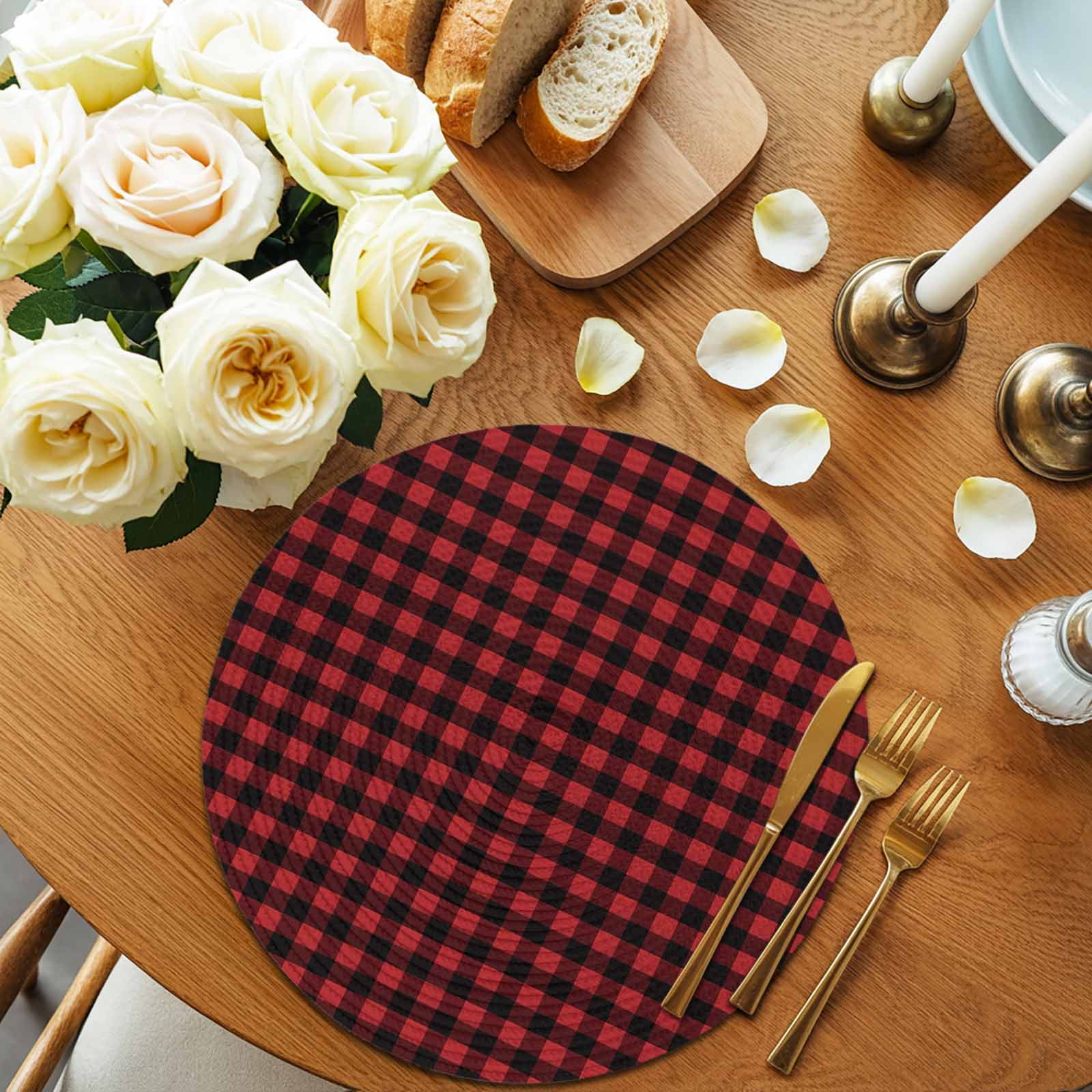 Round Woven Placemats set of 6, Rustic Red Black Buffalo Check Plaid Pattern Washable&Heat Resistant Plastic Wipeable Placemats for Round Table Christmas Kitchen Dining Table Decor, 13in,