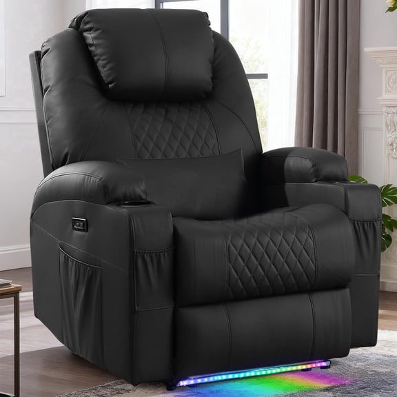 Power Recliner Chair with Heat and Massage for Adults - Zero Wall Hugger Recliners Sofa for Small Space,Home Theater Seating with LED Lights,Cup Holders,Side Pocket,USB Port (Black, Single Recliner)