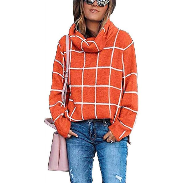 Suéteres de otoño para mujer Suéter de punto de cuello alto Jersey de manga larga a cuadros con abertura lateral Prendas de abrigo a cuadros Tops holgados